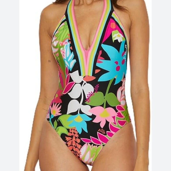 Trina Turk Size 12 Tiki Plunge V Neck Vibrant One Piece Swimsuit Halter Floral - Picture 1 of 14